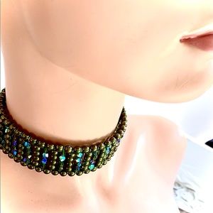 Green pearl & crystal wide choker necklace